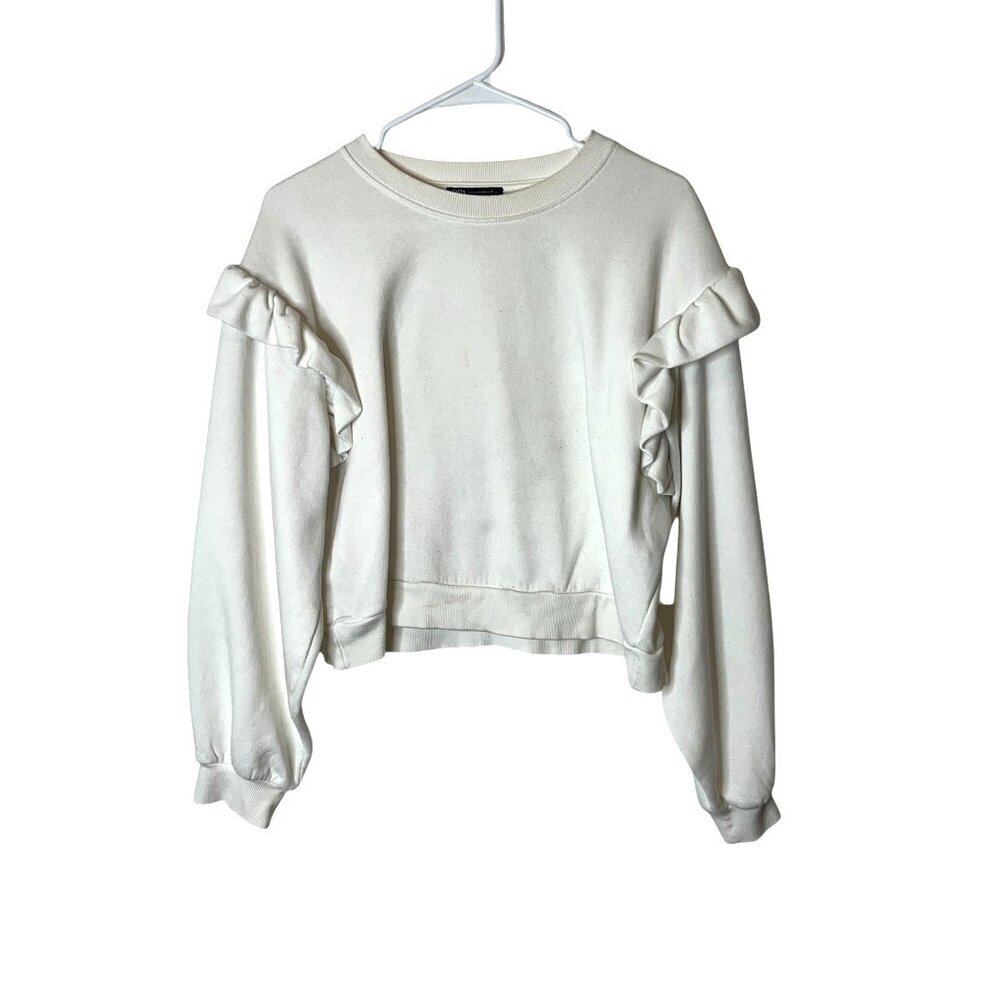 Zara White Ruffle Sweatshirt Size Medium - Picture 2 of 8